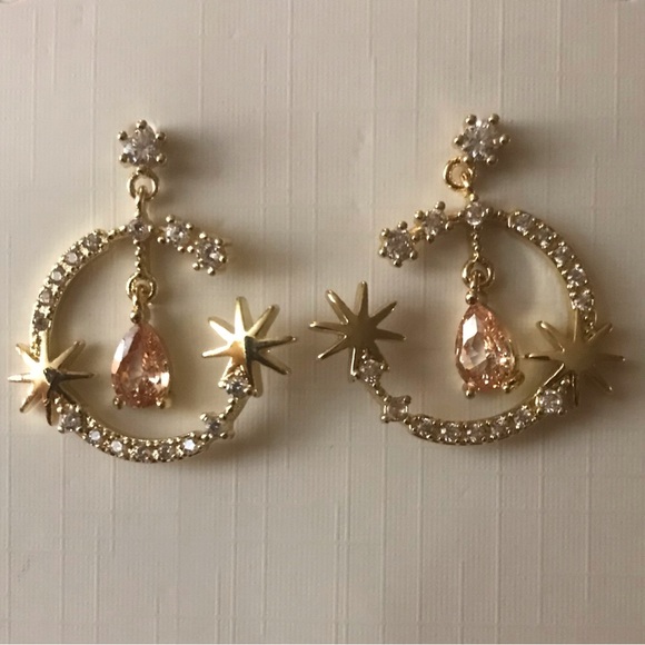 “Stardust Moon” Crystal Pave Crescent 8 Pt Star Morganite Peach Tear Gold Dangle - Picture 7 of 7